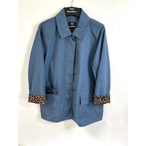 Dennis Basso Womens Jacket Black Med Leopard Print Cuff Snap Button Pockets Read